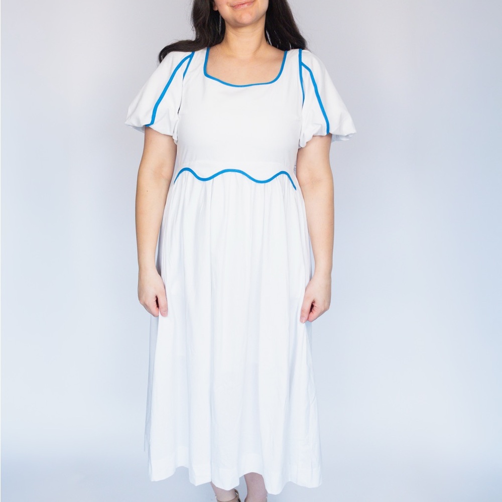 NWT &Merci White puff sleeve midi dress Blue Contrast Trim